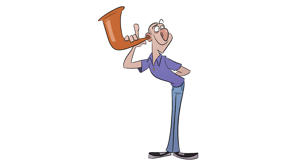 Cartoon illustration of a man listening through an ear horn.